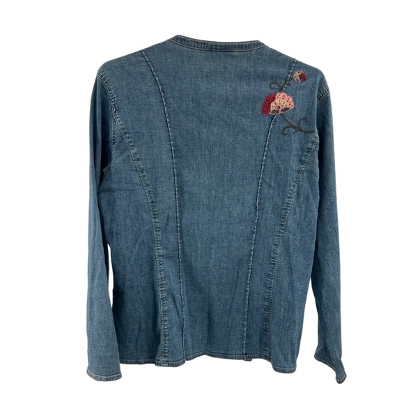 Out of the Blue J. Jill denim collarless embroidered beaded button up top M - Picture 2 of 10